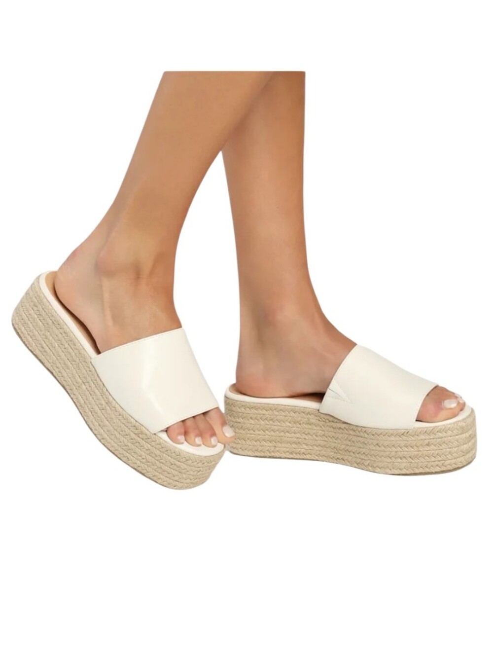 Lulus O'ahu White Espadrille Platforms Size 8 Soft Faux Leather Slides Coastal